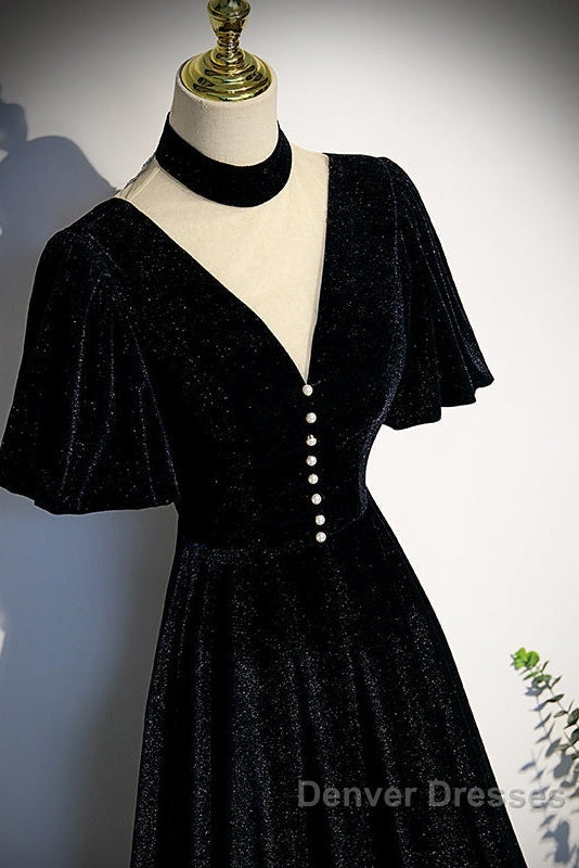 Long Velvet V-Neckline Floor Length Prom Dress, Black Evening Wedding Party Dress