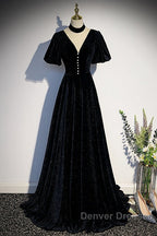 Long Velvet V-Neckline Floor Length Prom Dress, Black Evening Wedding Party Dress