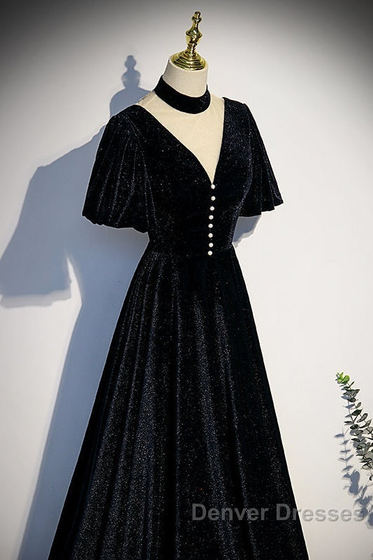 Long Velvet V-Neckline Floor Length Prom Dress, Black Evening Wedding Party Dress