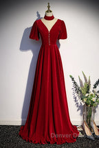 Long Velvet V-Neckline Floor Length Prom Dress, Black Evening Wedding Party Dress