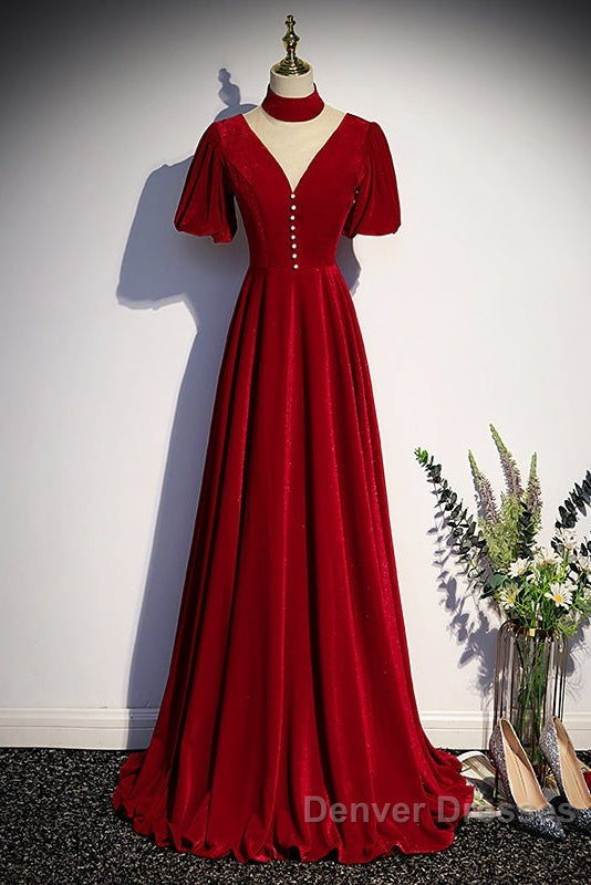 Long Velvet V-Neckline Floor Length Prom Dress, Black Evening Wedding Party Dress