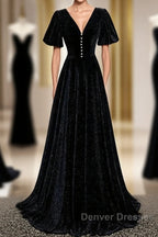 Long Velvet V-Neckline Floor Length Prom Dress, Black Evening Wedding Party Dress