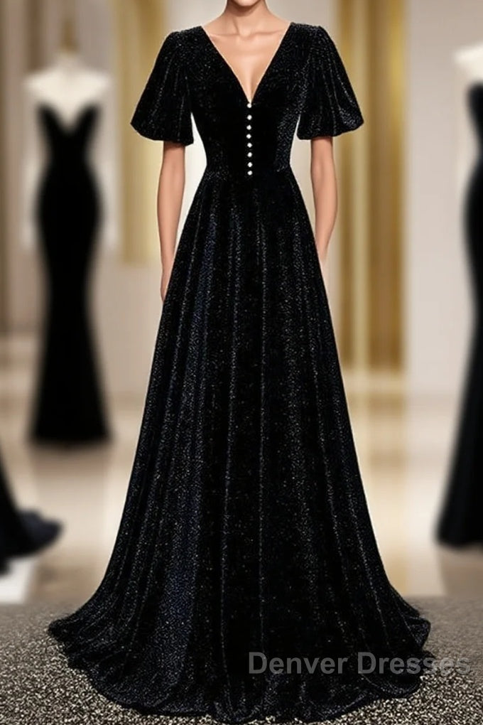 Long Velvet V-Neckline Floor Length Prom Dress, Black Evening Wedding Party Dress