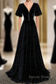 Long Velvet V-Neckline Floor Length Prom Dress, Black Evening Wedding Party Dress