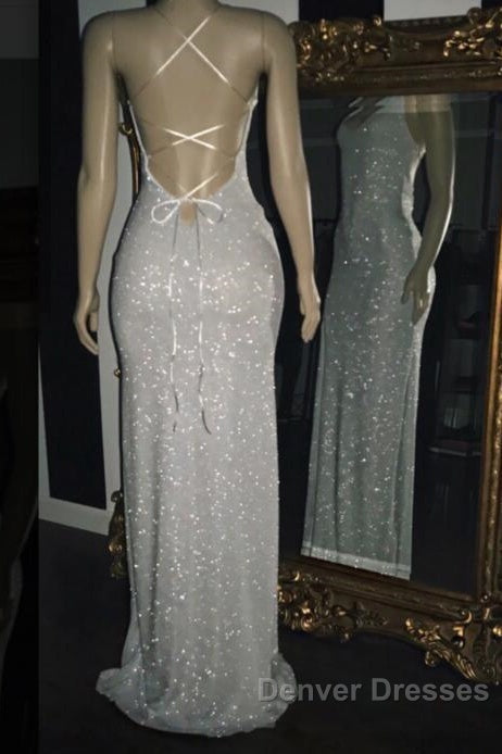 Long White Sequin Prom Dress Cross Back Halter Evening Gown