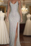 Long White Sequin Prom Dress Cross Back Halter Evening Gown