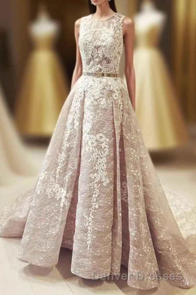 Gorgeous Round Neck Sleeveless Lace Prom Dress Sweep Train with Appliques Main image
