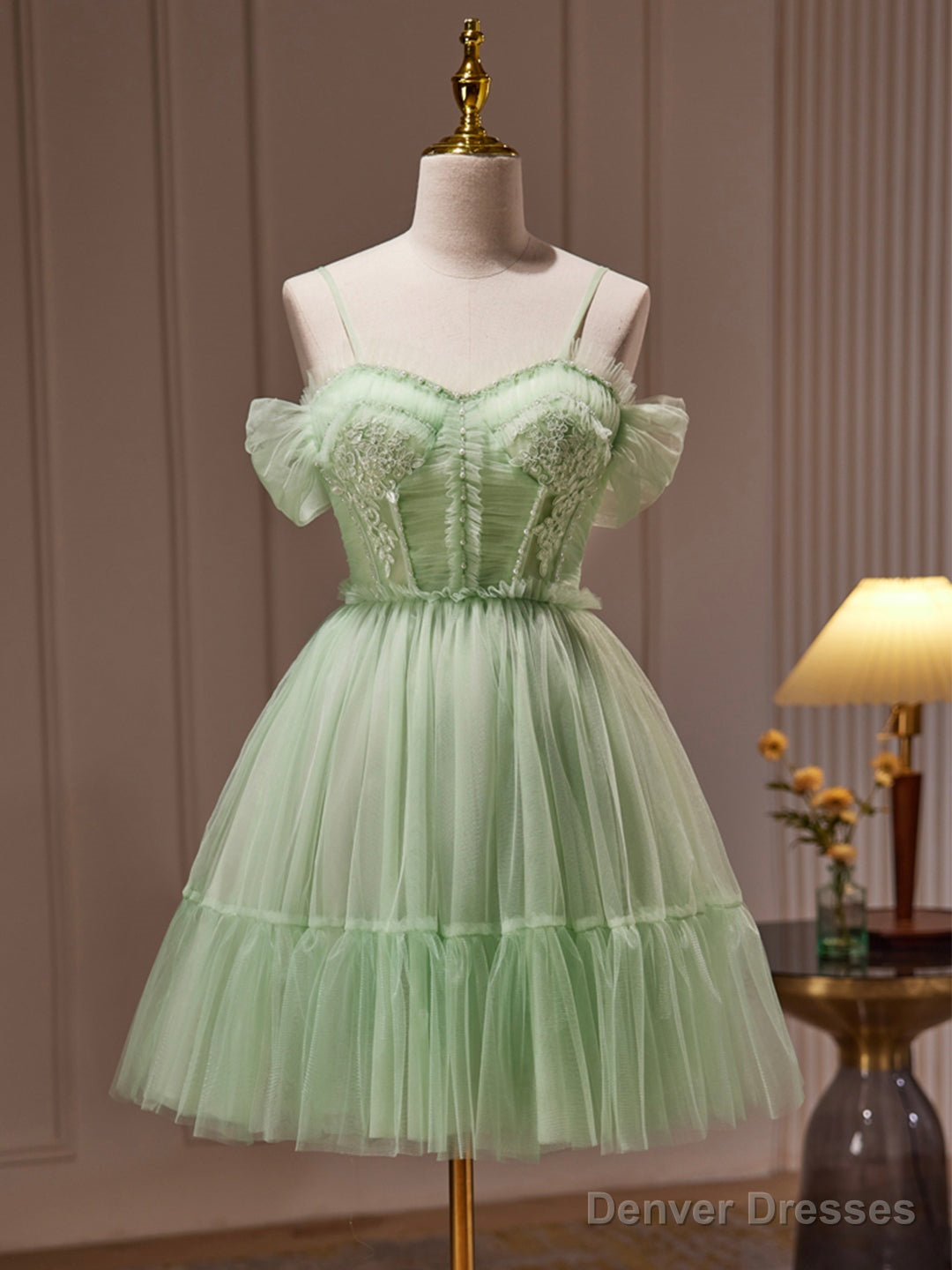 Green Tulle Lace Short Prom Dress, Cute Homecoming Dress, Green Party Dress