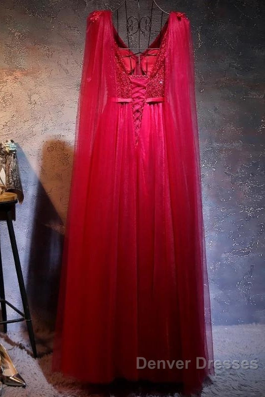 Love Pearl Beaded V Neck Long Burgundy Evening Dress