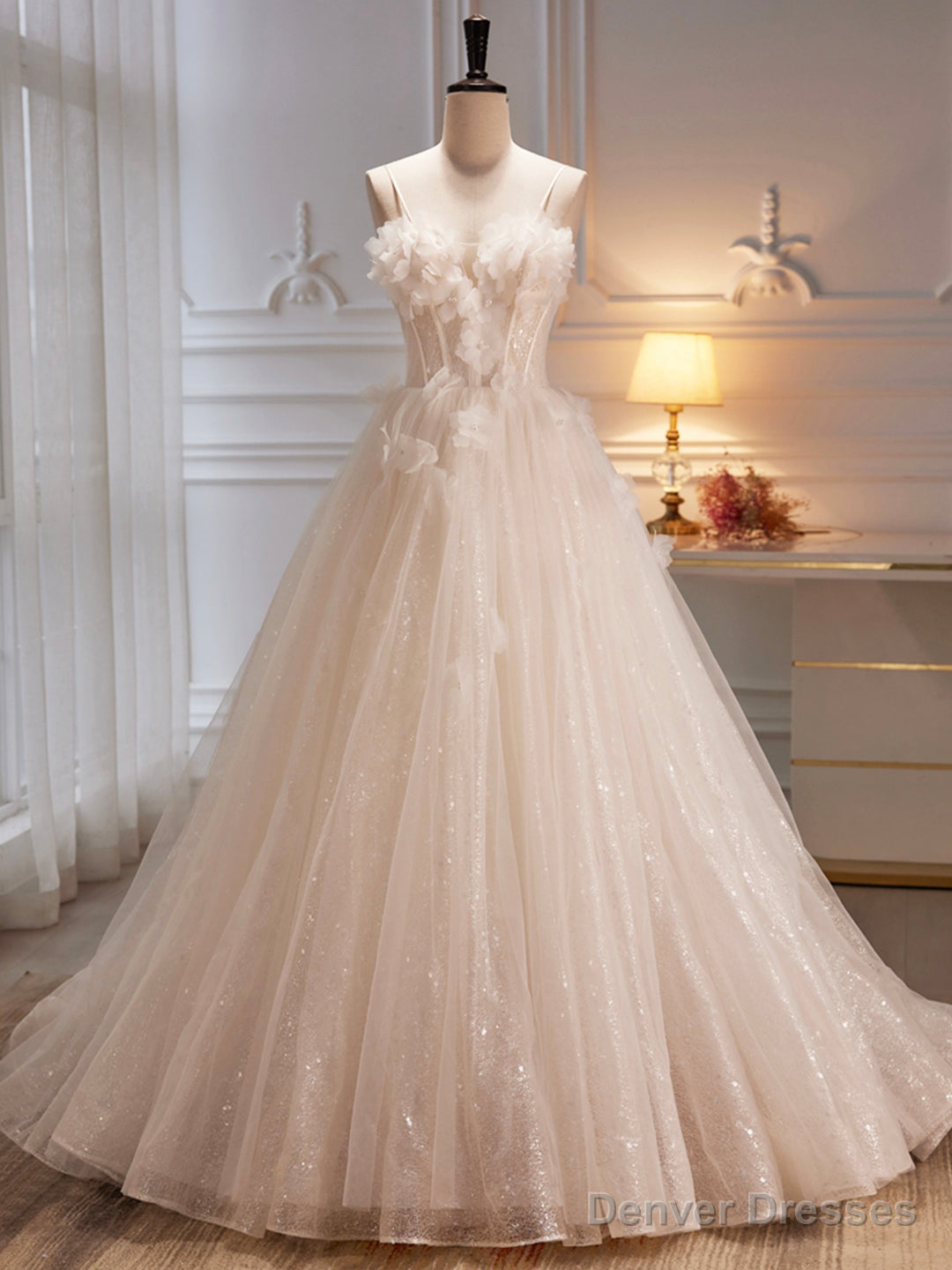 Spaghetti Strap Tulle Champagne Long Prom Dress, Champagne Evening Party Dress Main image