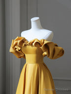 Yellow Satin Long Prom Dress, Off Shoulder A-Line Evening Dress