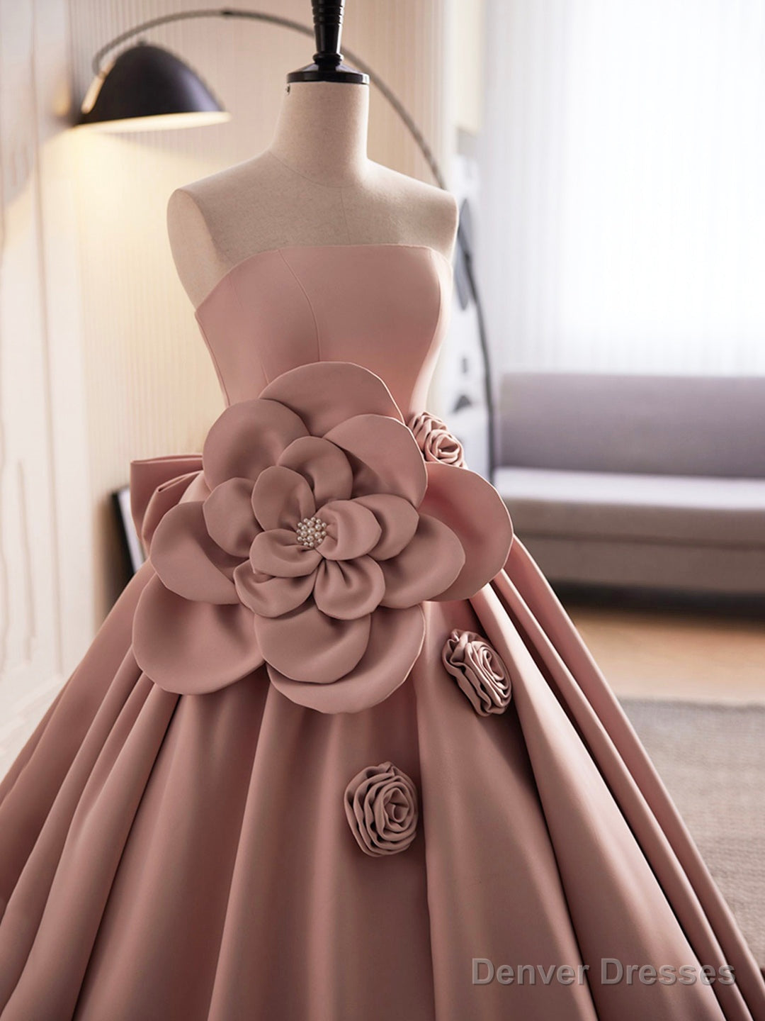 Pink Strapless Satin Long Prom Dress, Beautiful A-Line Evening Dress