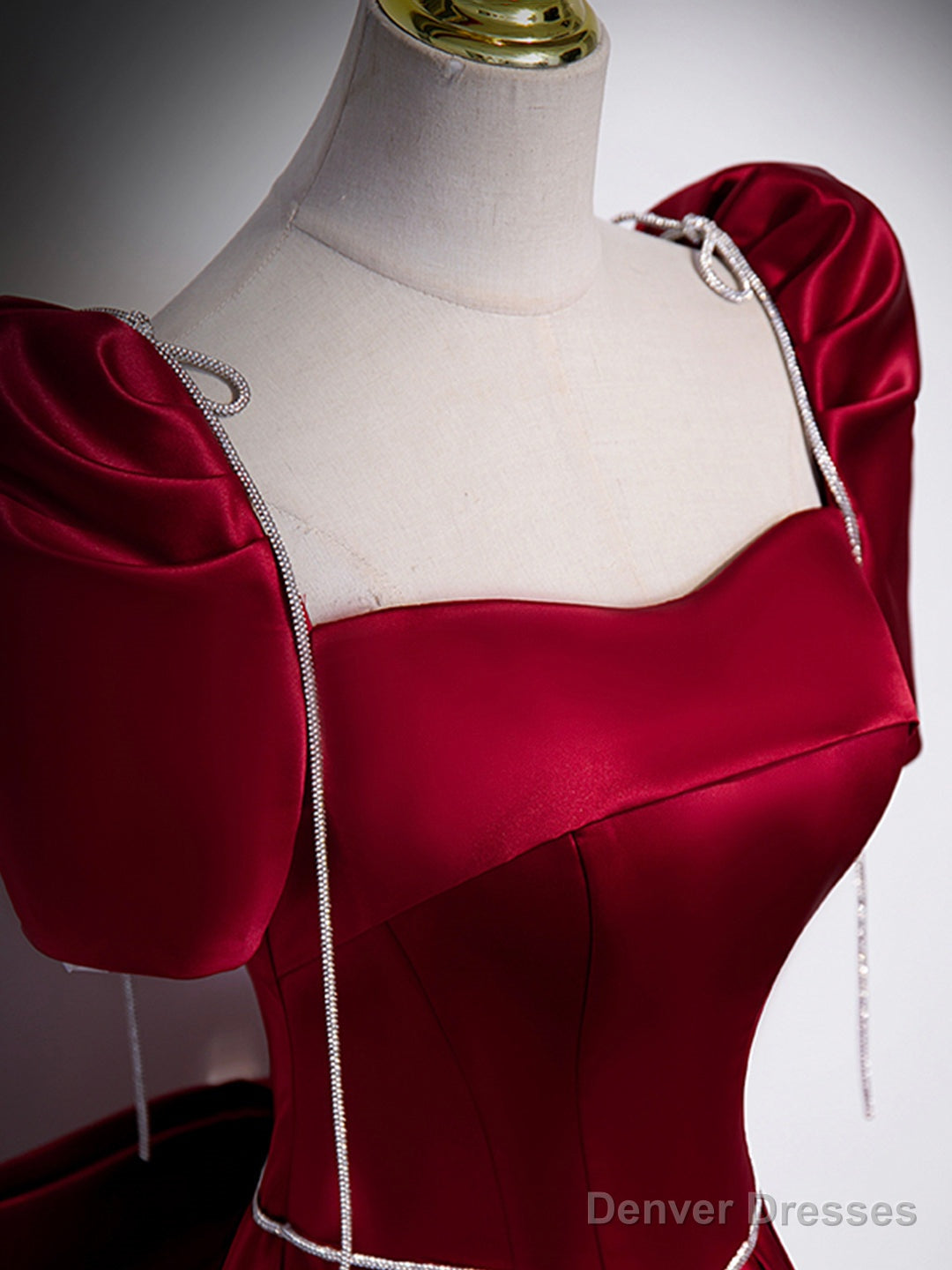 Beautiful Satin Floor Length Prom Dress with Bowknot, Burgundy Short Sleeve Evening Dress