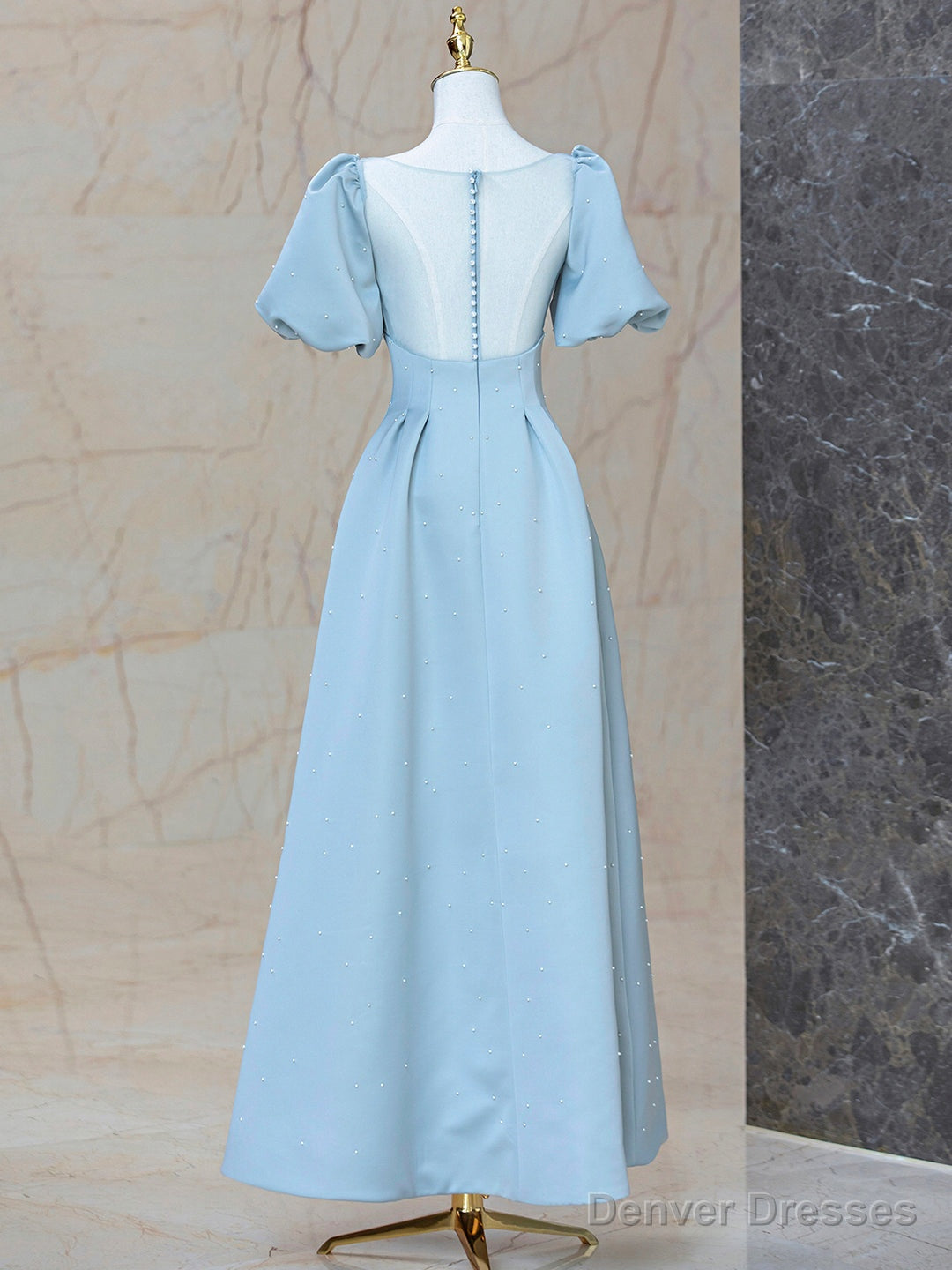 Blue Satin Pearl Long Prom Dress, A-Line Blue Evening Party Dress Secondary image
