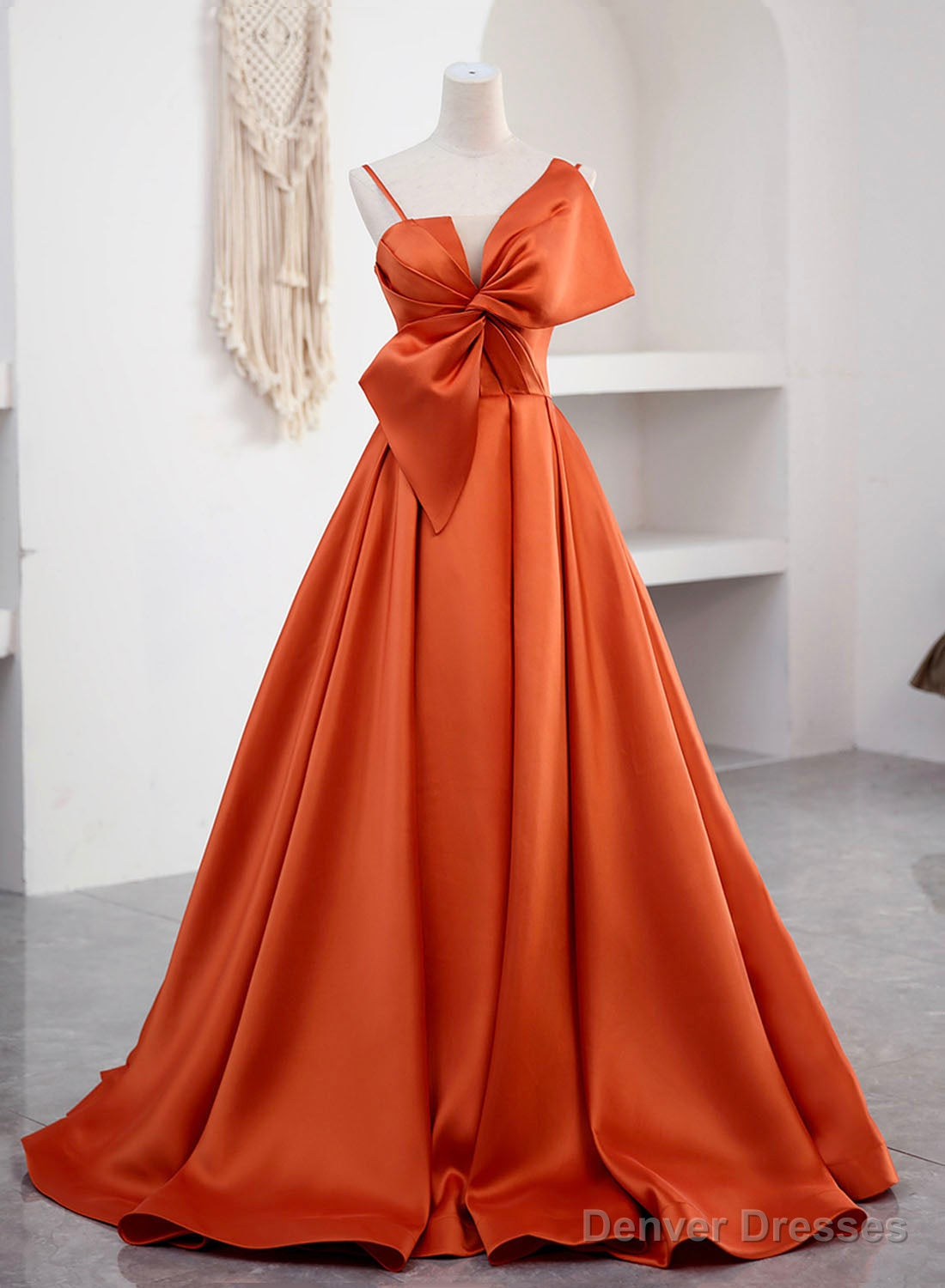 Spaghetti Straps Orange Satin Prom Formal Dress, A-Line Floor Length Evening Dress Main image