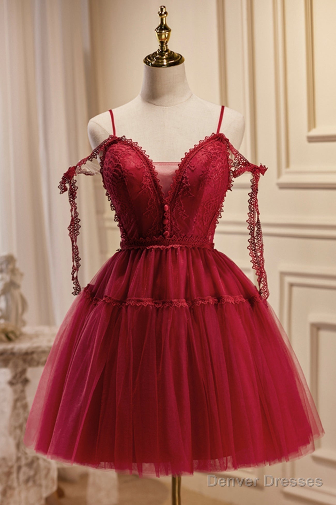 Burgundy Lace Short A-line Prom Dress, Cute Spaghetti Strap Party Dress Main image