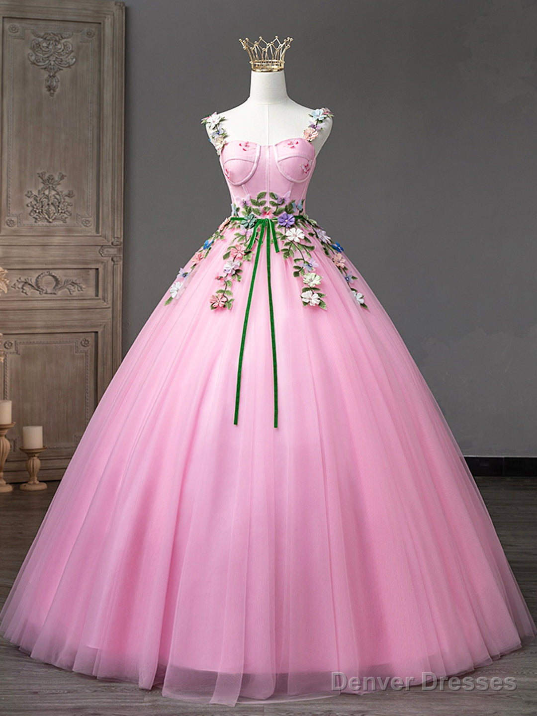 Pink Tulle Flower Long Prom Dresses, Lovely Spaghetti Formal Dresses Sweet 16 Dresses