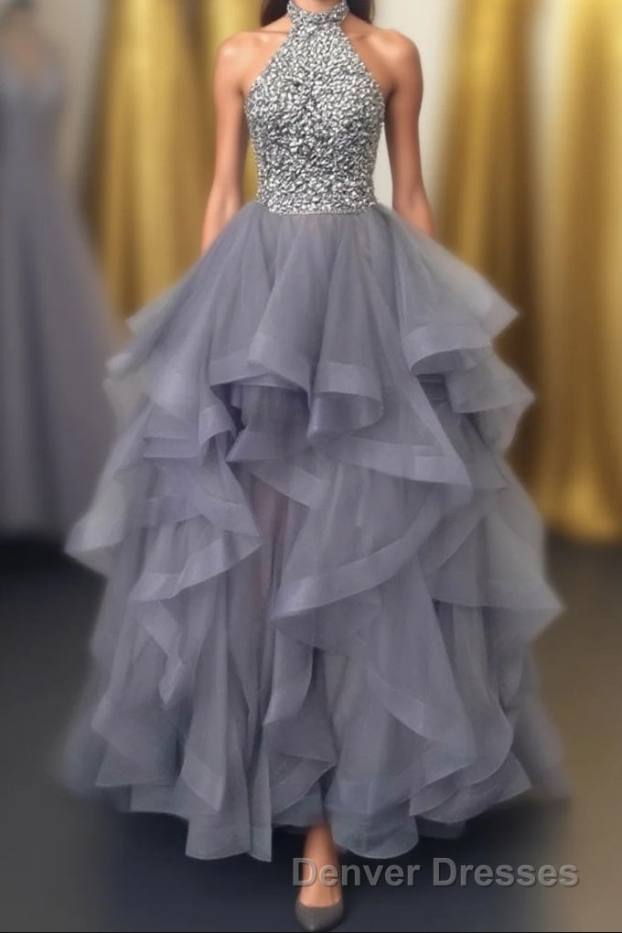Grey Tulle Long Prom Dress, A-Line Evening Dress