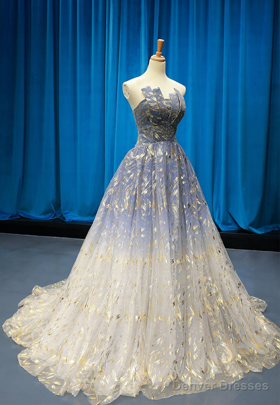 Blue Tulle Gradient Prom Dress, Blue A-Line Strapless Evening Dress Secondary image
