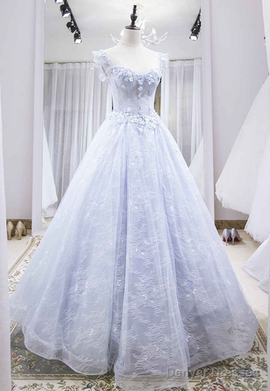 Light Blue Tulle Lace Long Prom Dress, A-Line Graduation Dress Main image