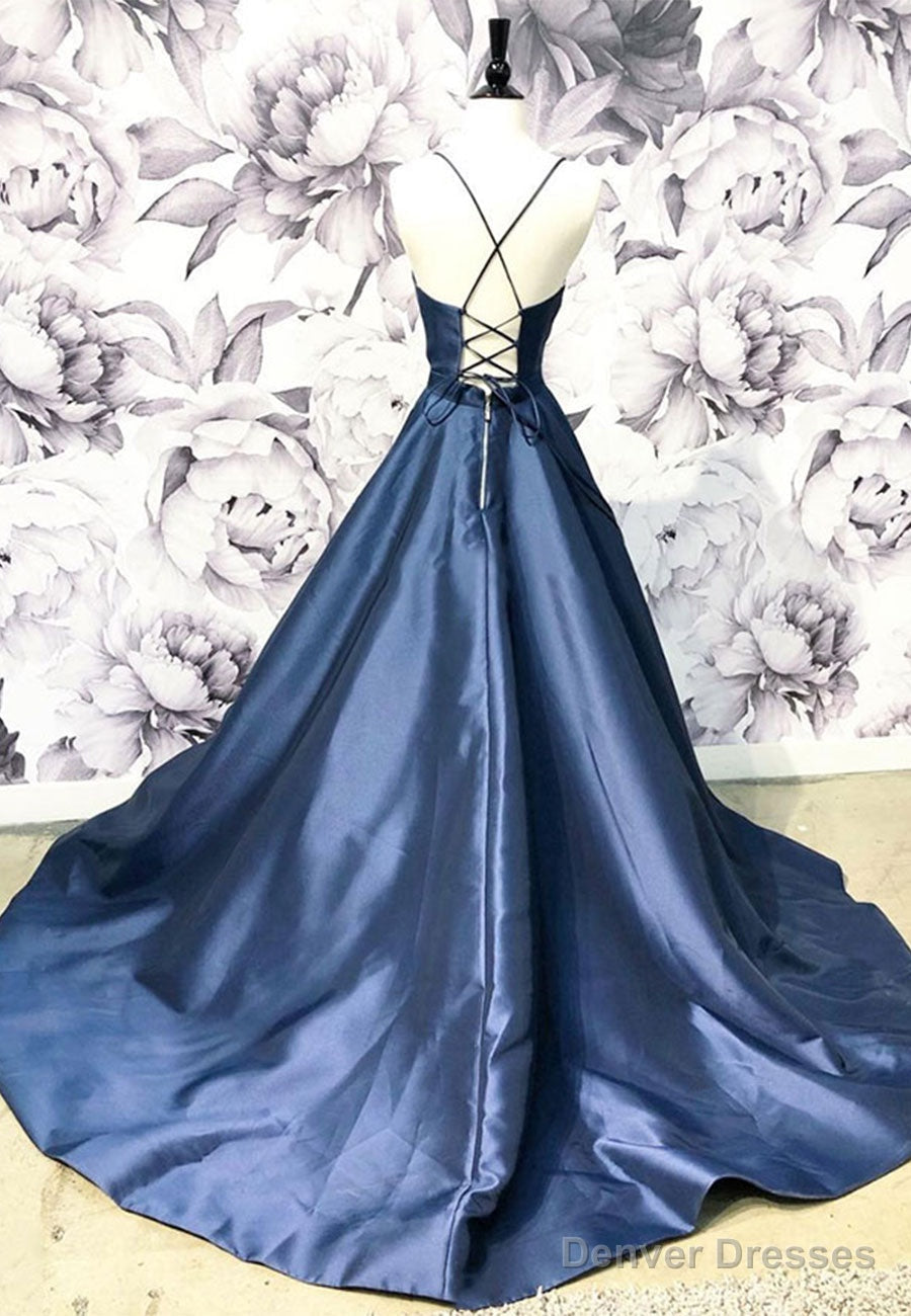 Blue Satin Long A-Line Prom Dress, Simple V-Neck Evening Dress Secondary image