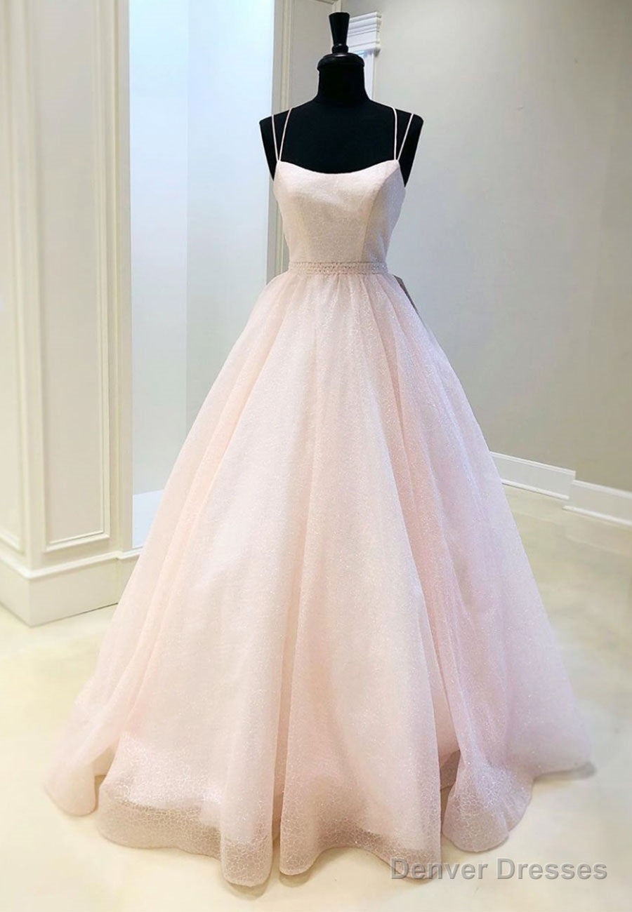 Pink Tulle Long A-Line Prom Dresses, Pink Formal Graduation Dresses