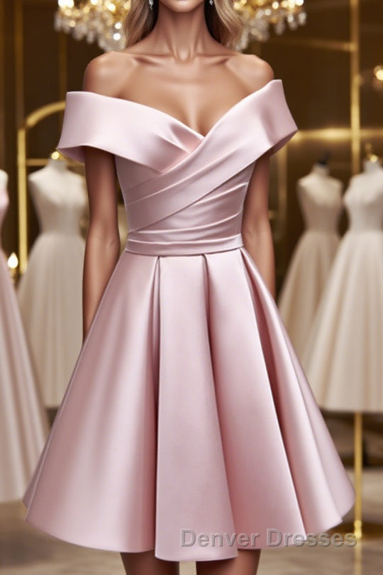 A-Line Satin Off the Shoulder Short Prom Dress, Mini Evening Party Dress