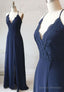 Blue Chiffon Lace Long Prom Dress, Blue A-Line Evening Dress