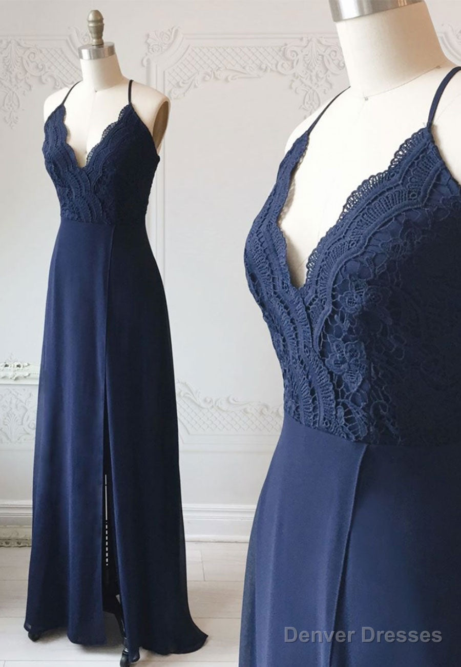Blue Chiffon Lace Long Prom Dress, Blue A-Line Evening Dress
