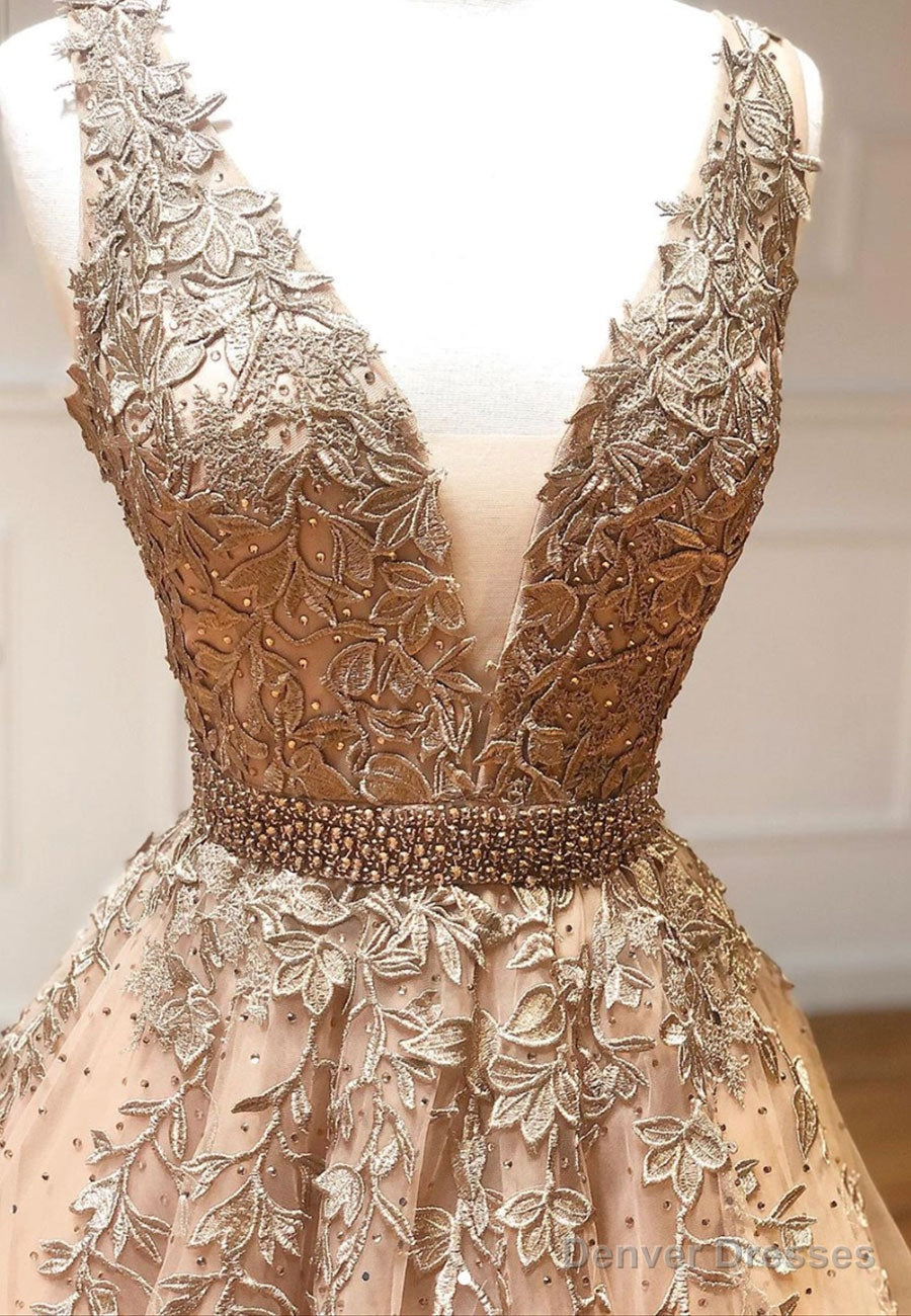 Plunging V-Neck Tulle Long Prom Dresses, Lace Formal Dresses Secondary image