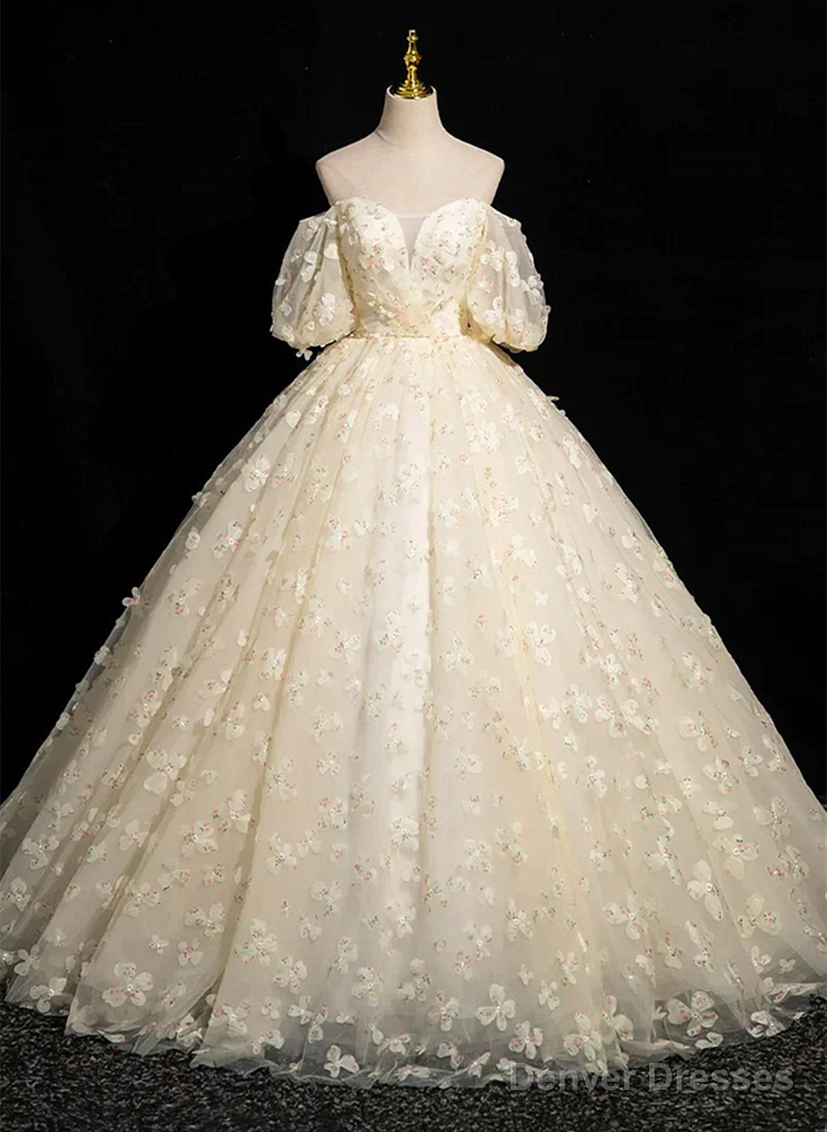 Lovely A-Line Lace Floor Length Prom Dress, Champagne Off Shoulder Evening Formal Dress Main image