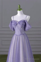 Lovely A-line Light Purple Tulle Beaded Long Party Dress, Light Purple Prom Dress