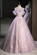 Lovely A-Line Off the Shoulder Sequins Prom Dress, Purple Tulle Corset Floor Length Evening Dress
