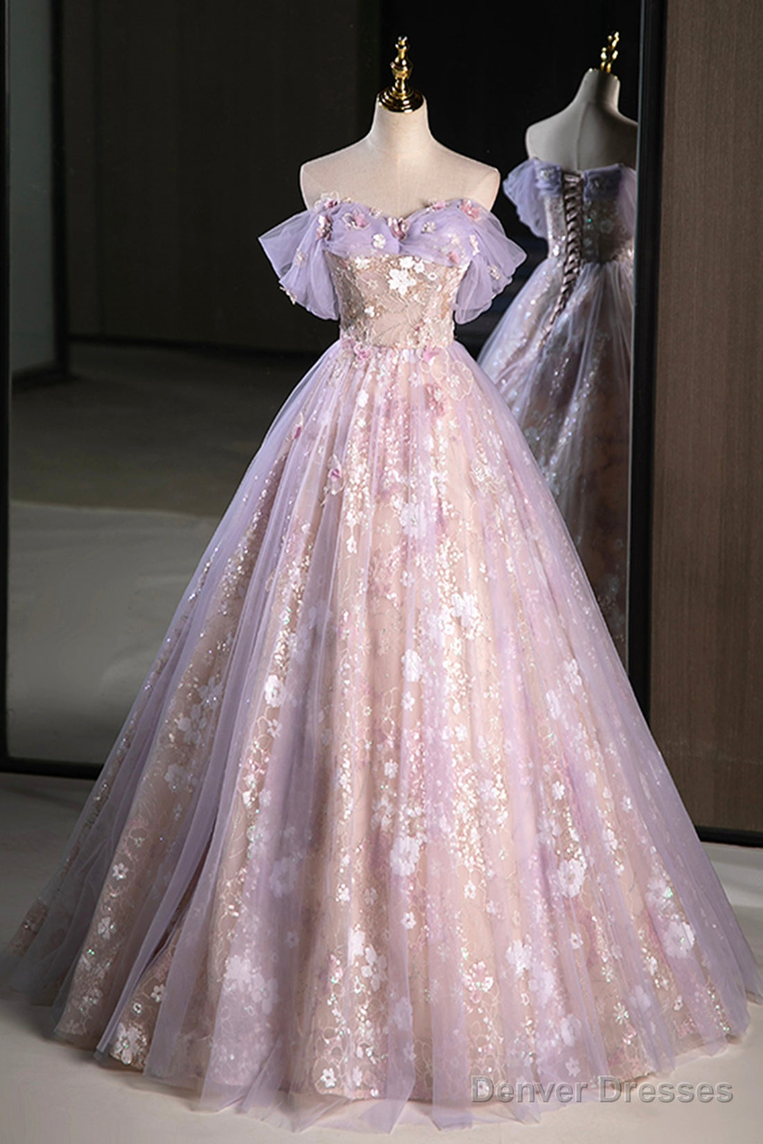 Lovely A-Line Off the Shoulder Sequins Prom Dress, Purple Tulle Corset Floor Length Evening Dress