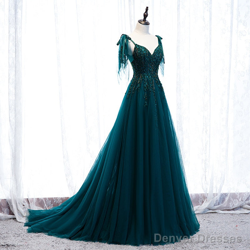 Lovely A-line Straps Tulle Teal Blue Long Evening Dress Prom Dress, A-line Formal Dresses Main image