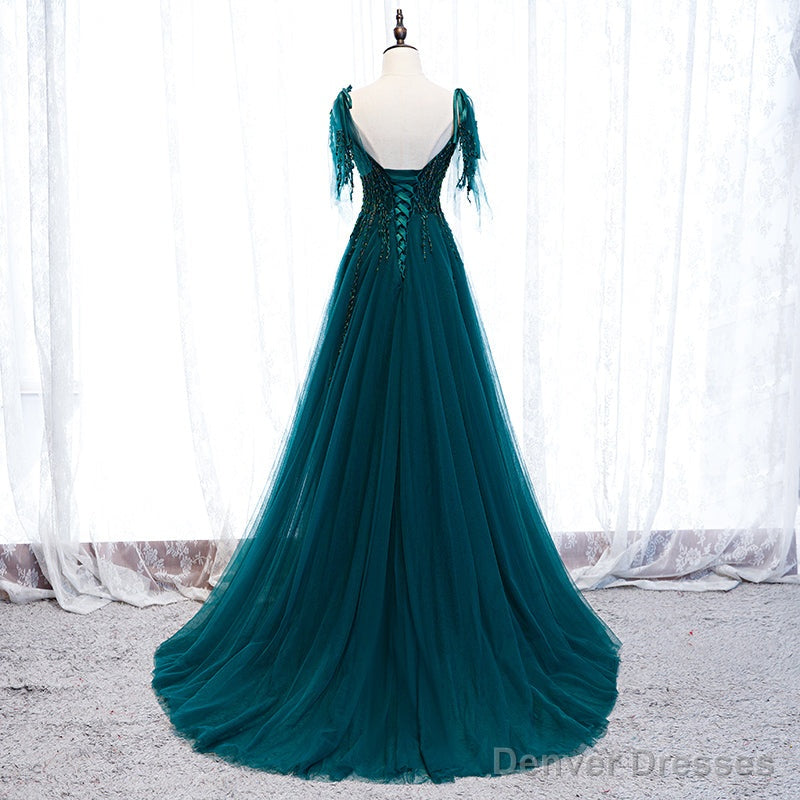 Lovely A-line Straps Tulle Teal Blue Long Evening Dress Prom Dress, A-line Formal Dresses