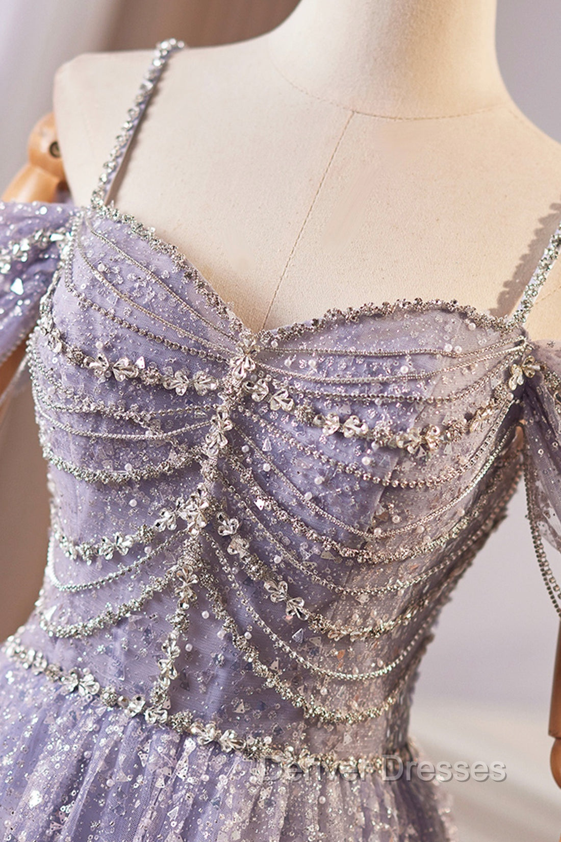 Lovely A-Line Tulle Sequins Floor Length Prom Dress, Off The Shoulder Evening Party Dress Secondary image