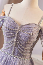 Lovely A-Line Tulle Sequins Floor Length Prom Dress, Off The Shoulder Evening Party Dress