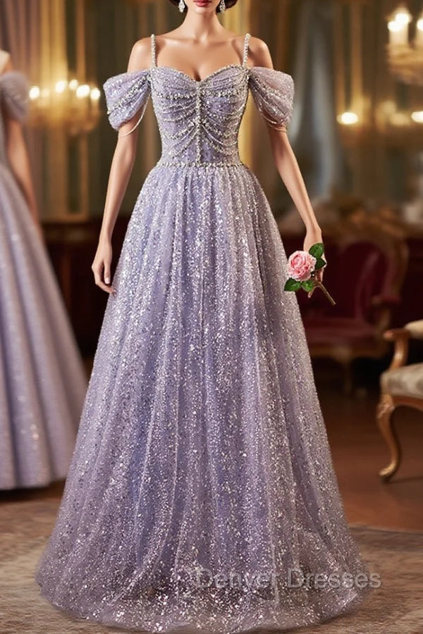 Lovely A-Line Tulle Sequins Floor Length Prom Dress, Off The Shoulder Evening Party Dress Main image