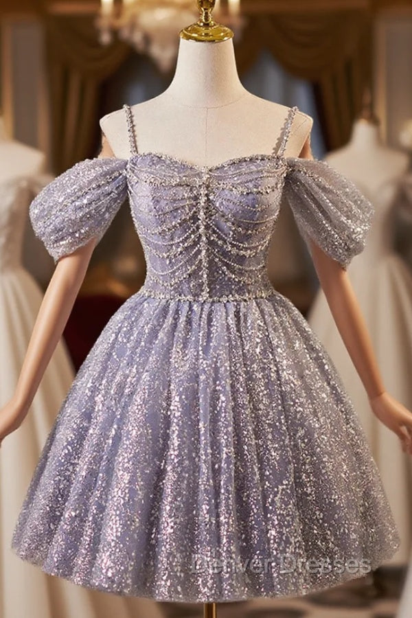 Lovely A-Line Tulle Sequins Knee Length Prom Dress, Off The Shoulder Evening Party Dress Main image
