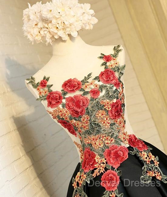 Lovely Black High Low Homecoming Dress With Floral Lace, Party Dress Secondary image