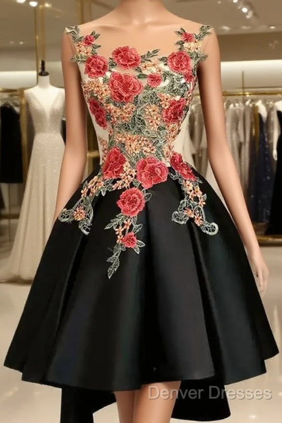 Lovely Black High Low Homecoming Dress With Floral Lace, Party Dress