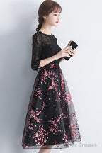 Lovely Black Lace Short Sleeves Floral Tulle Party Dress, Black Party Dress Prom Dress