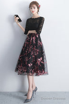 Lovely Black Lace Short Sleeves Floral Tulle Party Dress, Black Party Dress Prom Dress