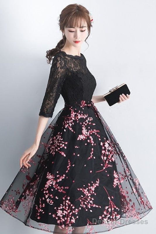 Lovely Black Lace Short Sleeves Floral Tulle Party Dress, Black Party Dress Prom Dress Main image