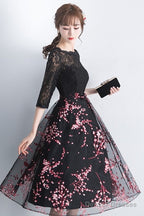 Lovely Black Lace Short Sleeves Floral Tulle Party Dress, Black Party Dress Prom Dress