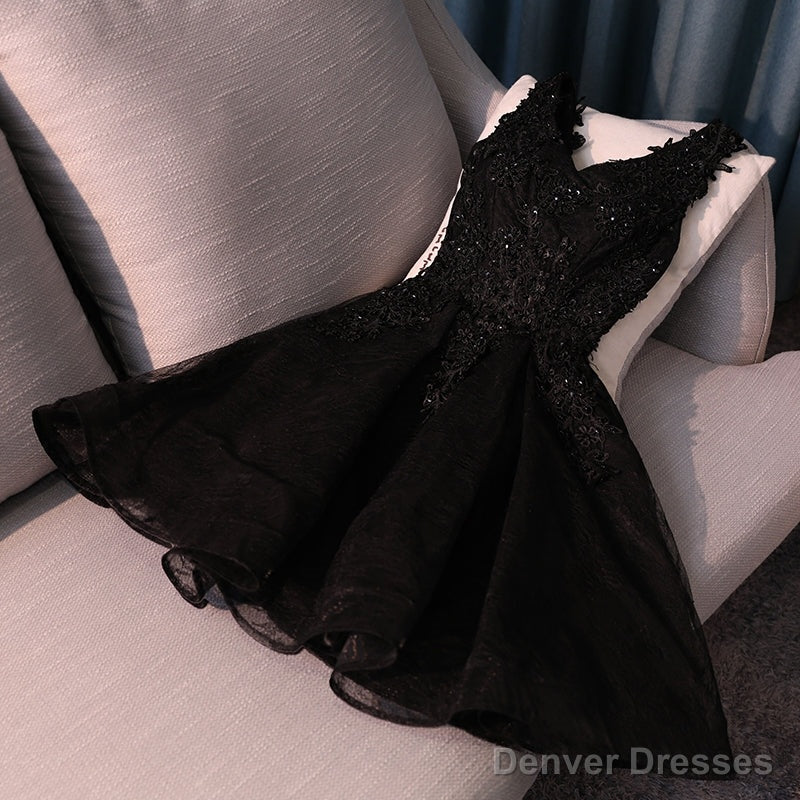 Lovely Black Lace V-neckline Short Homecoming Dress, Black Party Dress Secondary image