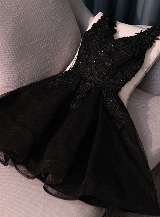 Lovely Black Lace V-Neckline Short Homecoming Dress, Black Party Dress Main image