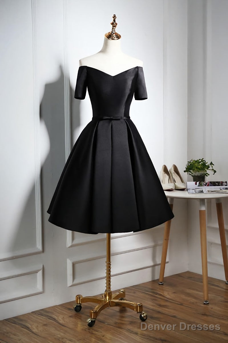 Lovely Black Satin Short Prom Dress, Black Party Dress Secondary image