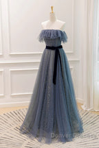Lovely Blue A-Line Shiny Tulle Sweetheart Party Dress, Blue Long Formal Dress Prom Dress